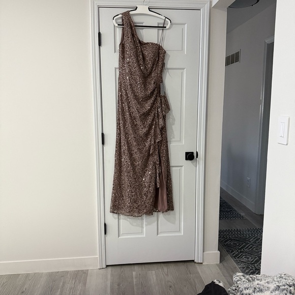 Alex Evenings One-Shoulder Sequin Lace Gown in Mocha - Picture 1 of 12